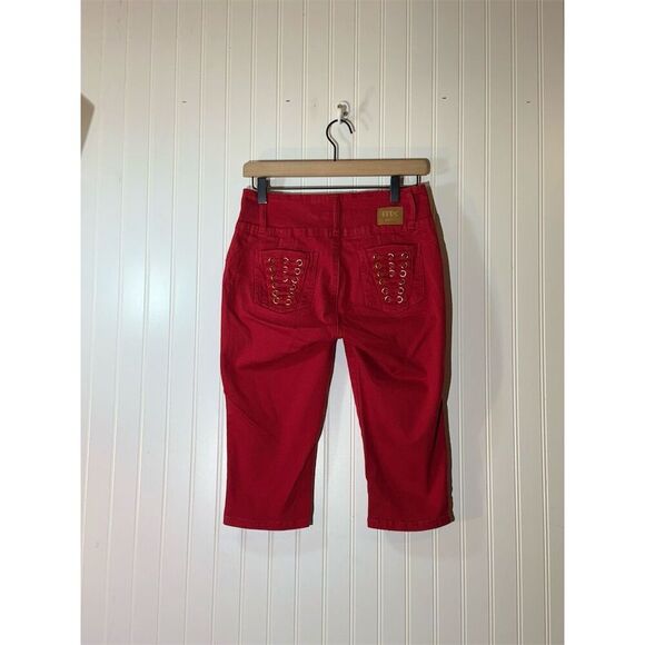 ModaXpress Y2K Red Cropped Pants Sz 13 Lace-Up Gold Button Streetwear Baddie - Picture 8 of 11